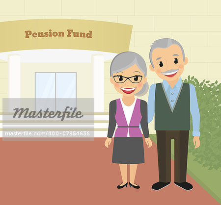 Happy grandparents standing near pension fund. Vector illustration