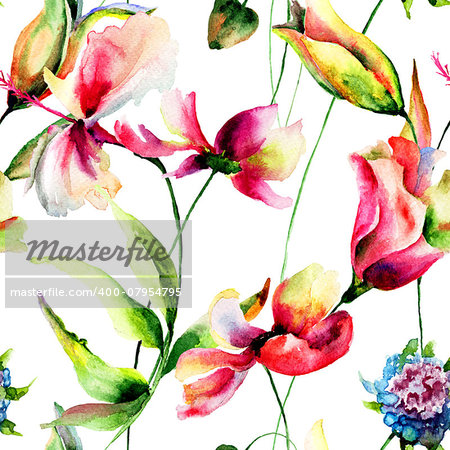Seamless pattern with Hibiscus and Cosmea flowers, watercolor illustration