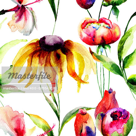 Seamless wallpaper with spring flowers, Watercolor painting