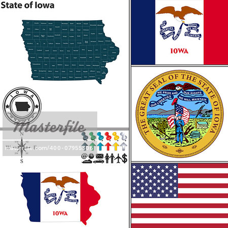 Vector set of Iowa, state with flag and icons on white background