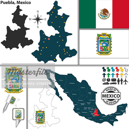 Vector map of state Puebla with coat of arms and location on Mexico map