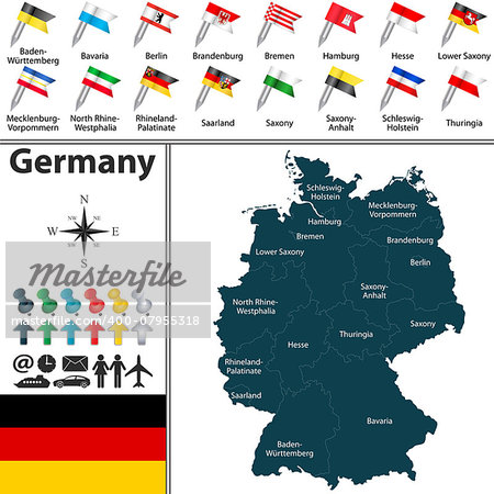 Vector map of Germany with regions and flags