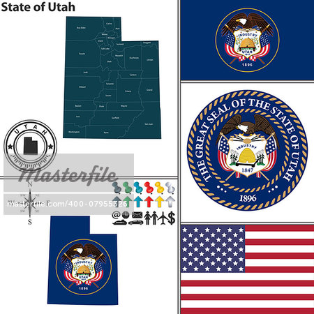 Vector set of Utah state with flag and icons on white background