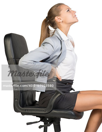 Businesswoman with lower back pain from sitting on office chair. Isolated over white background