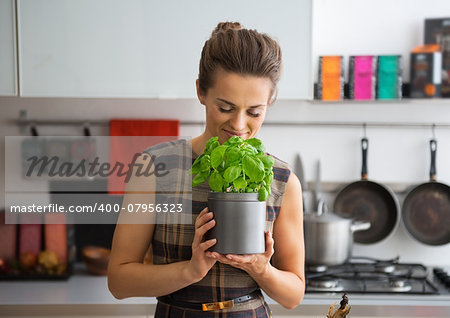 Young housewife enjoying fresh basil