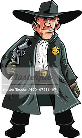 Cartoon cowboy sheriff pulling a gun. Isolated on white