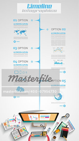 Infographic teamwork and brainstorming with Flat style. A lot of design elements are included: computers, mobile devices, desk supplies, pencil,coffee mug, sheets,documents and so on