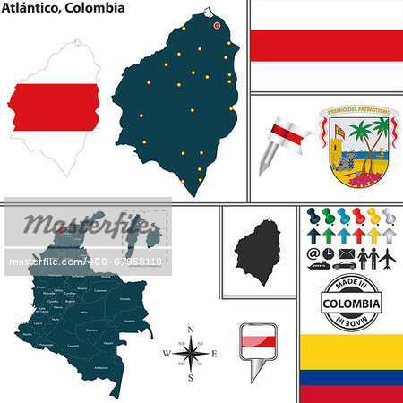 Vector map of region of Atlantico with coat of arms and location on Colombian map