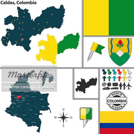 Vector map of region of Caldas with coat of arms and location on Colombian map