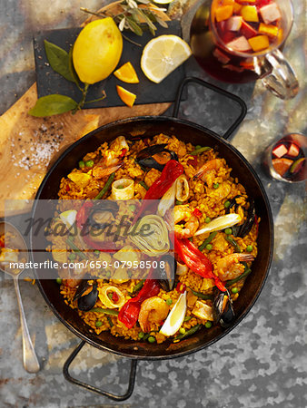 Paella with seafood and artichokes