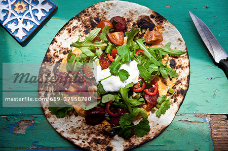 A toasted tortilla with a mixed topping A toasted tortilla with a mixed topping