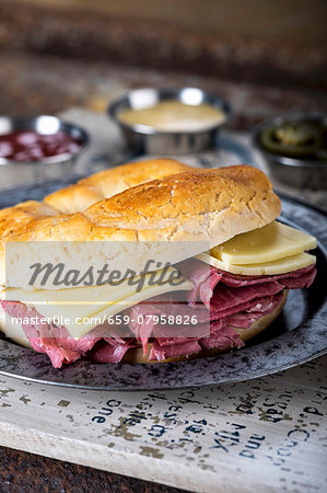 A corned beef and Cheddar sandwich