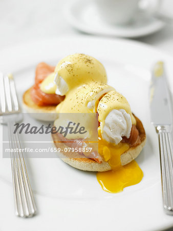 Eggs Benedict with salmon with a runny yolk