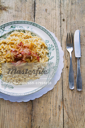 Spätzle (soft egg noodles from Swabia) with bacon and onions