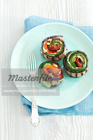 Grilled courgettes and aubergine roles with peppers and cream cheese