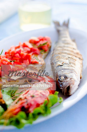 Grigliata Mista fish platter with grilled sea bass, prawns, swordfish and sepia (Italy)