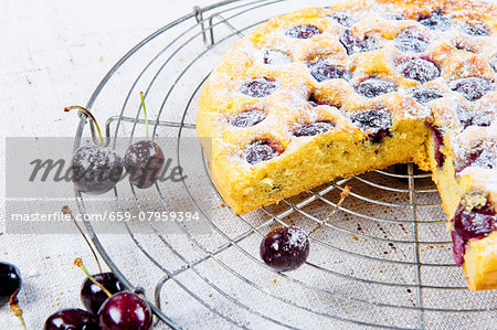 Cherry cake with icing sugar on a wire rack