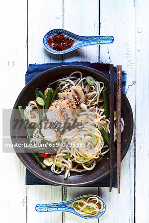 Chicken breast with spring onions and chilli peppers on a bed of noodles (Asia)