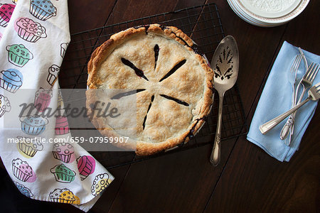 A freshly baked blueberry pie on a wire rack A freshly baked blueberry pie on a wire rack