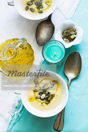 Patty pan squash soup with olive oil and pumpkin seeds Patty pan squash soup with olive oil and pumpkin seeds