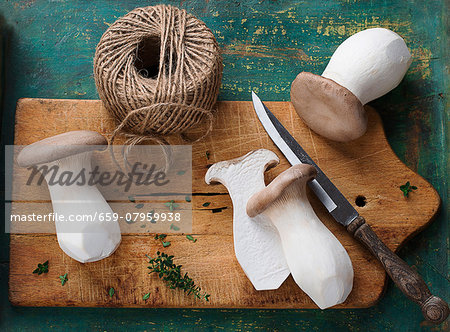 Fresh king trumpet mushroom on a chopping board with a knife and kitchen twine