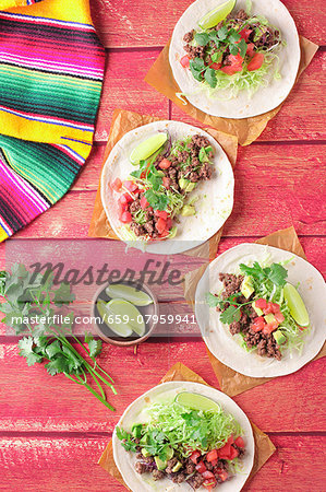 Tacos with minced meat, tomatoes and coriander (Mexico)