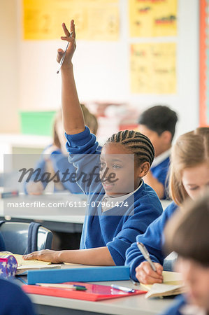 Elementary school children in classroom during lesson, girl raising hand