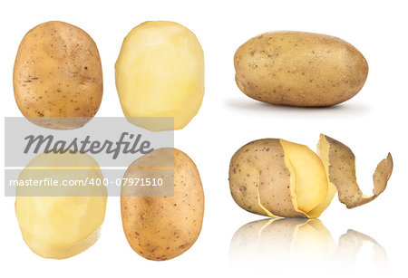 collection of potatoes peeled, in the peel on an isolated white background