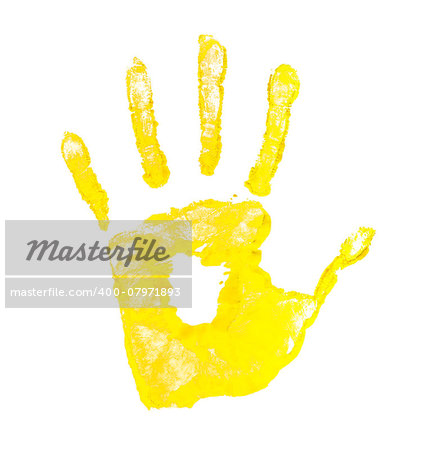 handprint yellow paint on a white background isolated