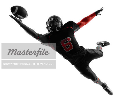 one american football player catching ball in silhouette shadow on white background