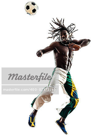 one Brazilian black man soccer player heading football on white background