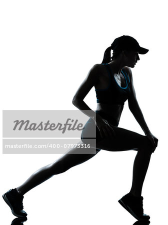 one  woman runner jogger stretching warm up in silhouette studio isolated on white background