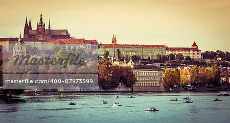 View of old town and Prague castle with river Vltava, Czech Republic
