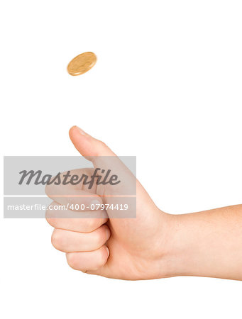 A man getting ready to flip a coin. Isolated on white background.