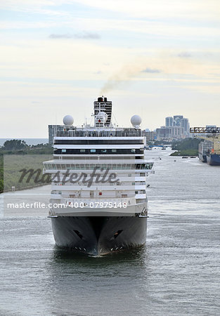 Modern ocean liner leaving Fort Lauderdale front view