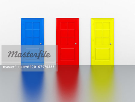 3d generated picture of three different colored doors