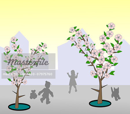 Flowering trees against a background of  a sunset and the silhouettes of a city and some playing children.
