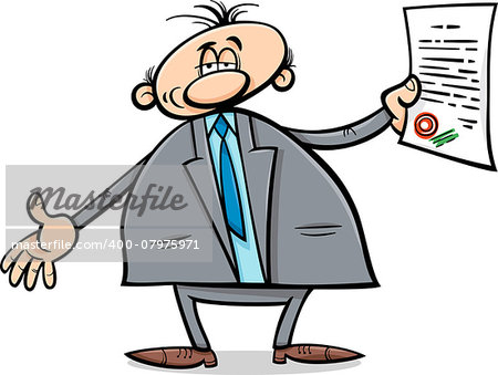 Cartoon Illustration of Man or Businessman in Suit with Diploma or Certificate