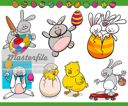 Cartoon Illustration of Happy Easter Themes with Bunnies and Chicks with Eggs