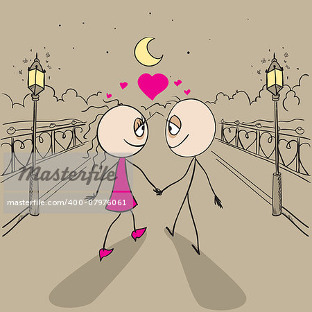 Couple love walking light of lanterns in park. Vector cartoon illustration