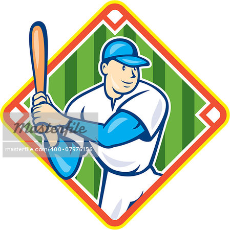 Illustration of an american baseball player holding bat batting set inside diamond shape on isolated background done in cartoon style.