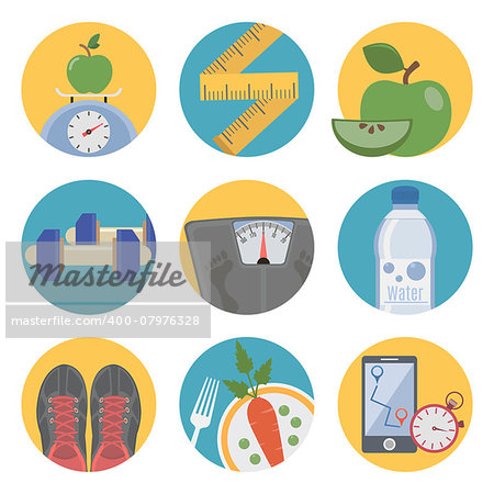Fitness. Flat icons set of fitness dieting and healthcare healthy food.