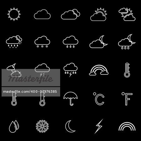 Weather line icons on black background, stock vector