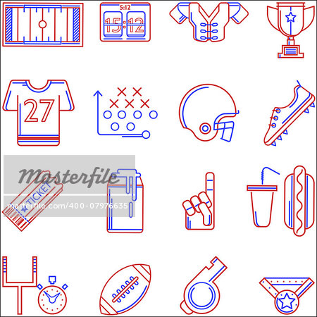 Set of blue and red contour vector icons with elements of American football on white background.