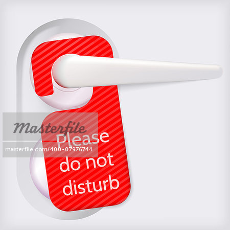 Red card handing from white door handle with text Please Do Not Disturb. Isolated vector illustration on gray background.