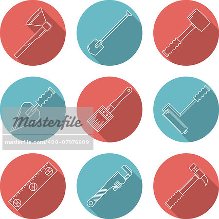 Set of flat circle red and blue vector icons with long shadow and white outline elements for construction or repair woodwork and hand tools on white background.