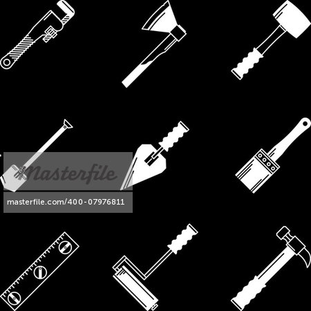 White icons vector collection of construction or repair woodwork instruments and hand tools on black background.