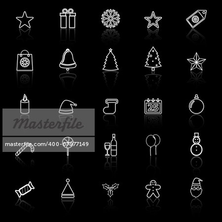 Christmas line icons with reflect on black background, stock vector