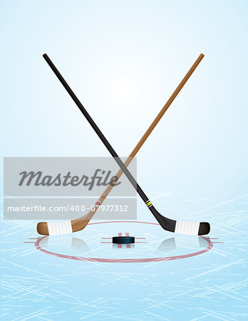 An illustration of ice hockey sticks, puck, and ice rink. Vector EPS 10 available. EPS file contains transparencies and gradient mesh.