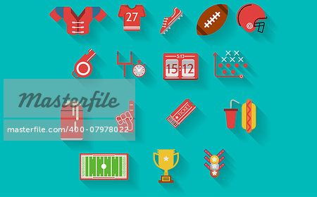 Set of colored flat vector icons for american football or rugby on blue background.